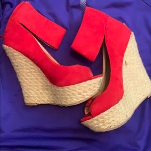 Red open toe wedges